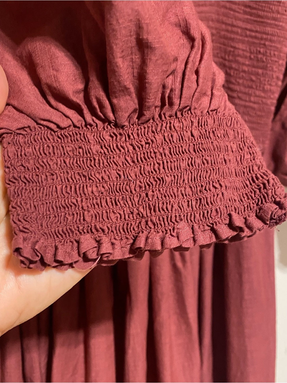 Free People “The Perfect Storm” Midi Dress Eyelet Smocked Cotton Burgundy Size L - Picture 6 of 11